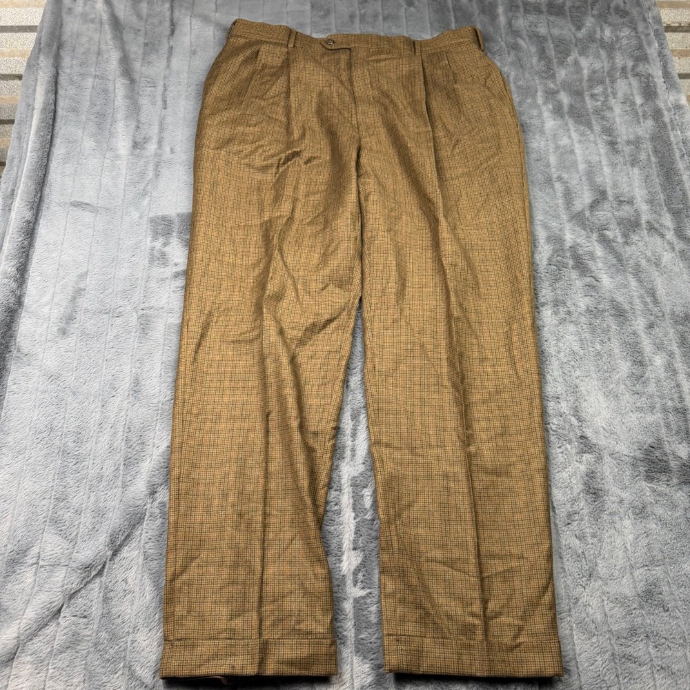 Jos. A. Bank Mens 38x31 Brown Micro Check Pleated Cuffed Dress Pants Trousers